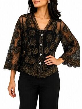 Black Mesh Sheer Mesh Gold Embroidered Crystal Button Elegant Layer Jacket Top